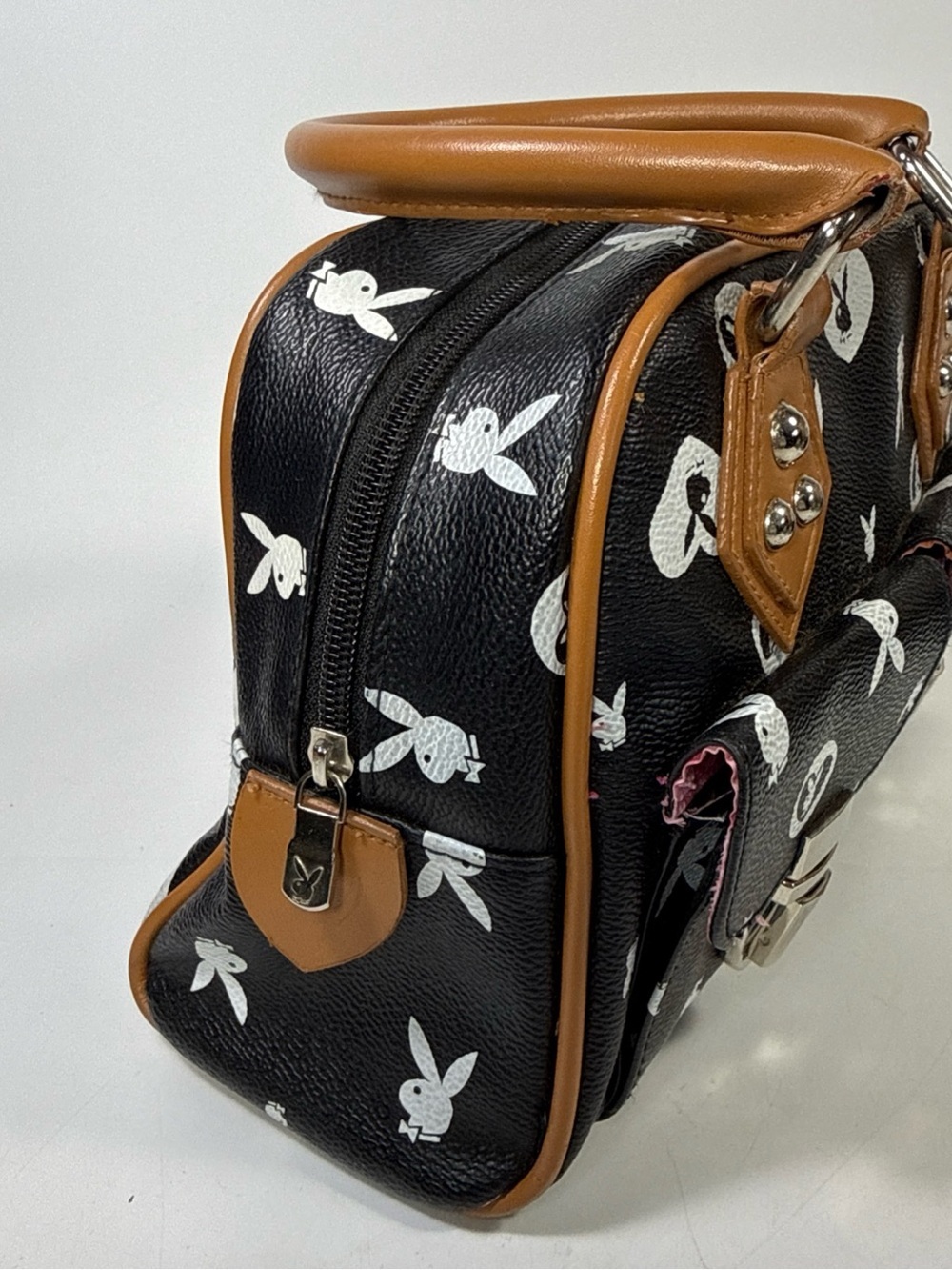Vtg y2k Playboy Black and Tan Printed Satchel Bag pink interior - Picture 6 of 16
